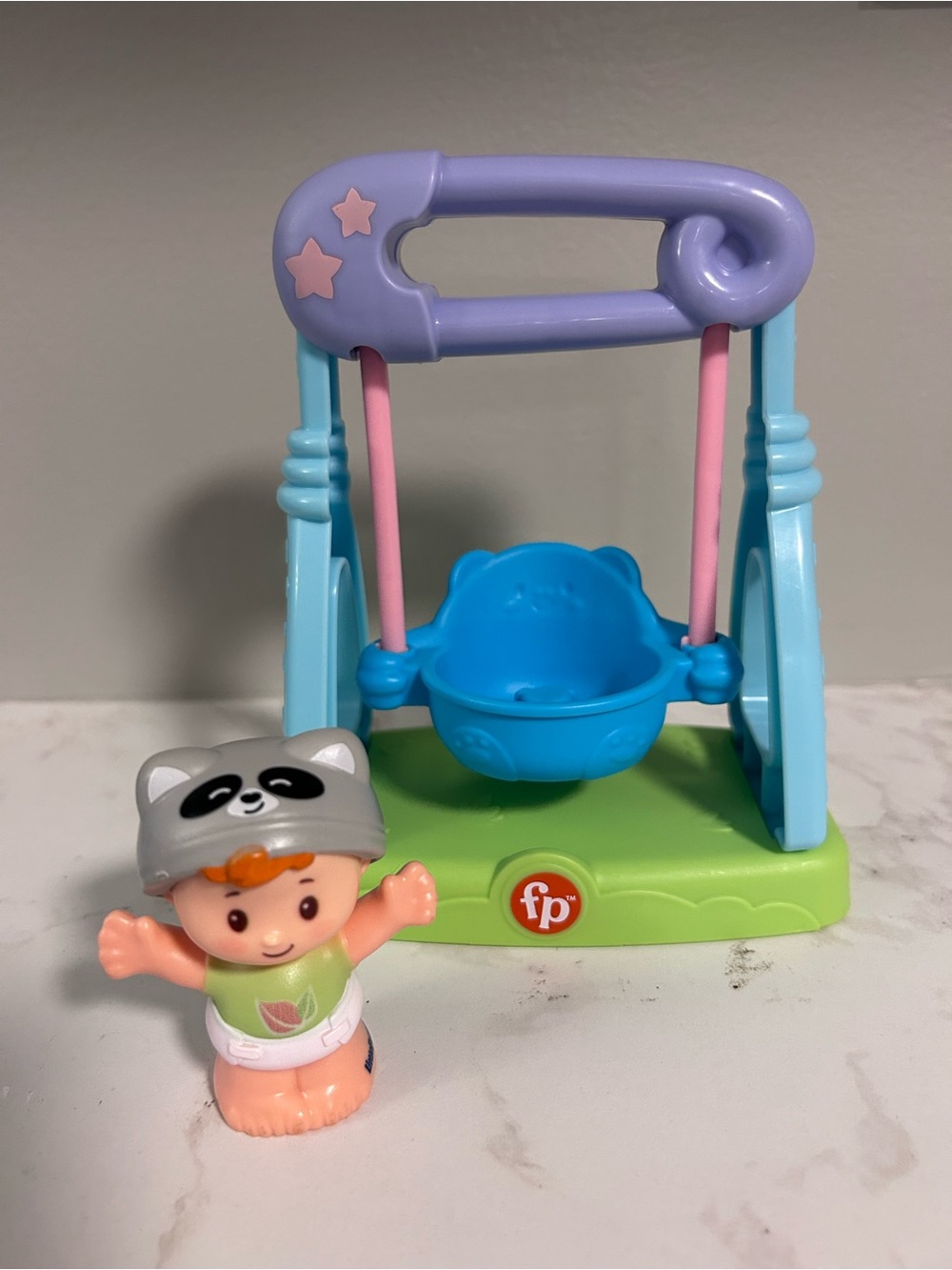 Fisher-Price Pastel Swing Playset with Blue Seat and Purple Top and Racoon Baby